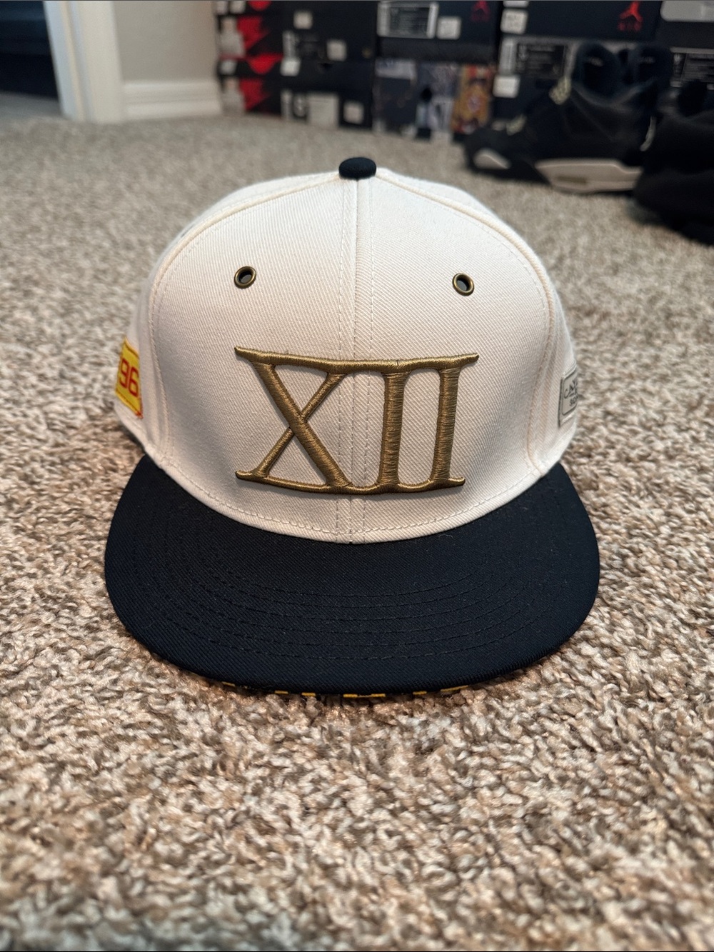Retro 12 Roman XII Gold-Embroidered White & Black Snapback Hat